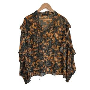 Alania dark green/ orange floral boho pattern sheer long sleeve blouse